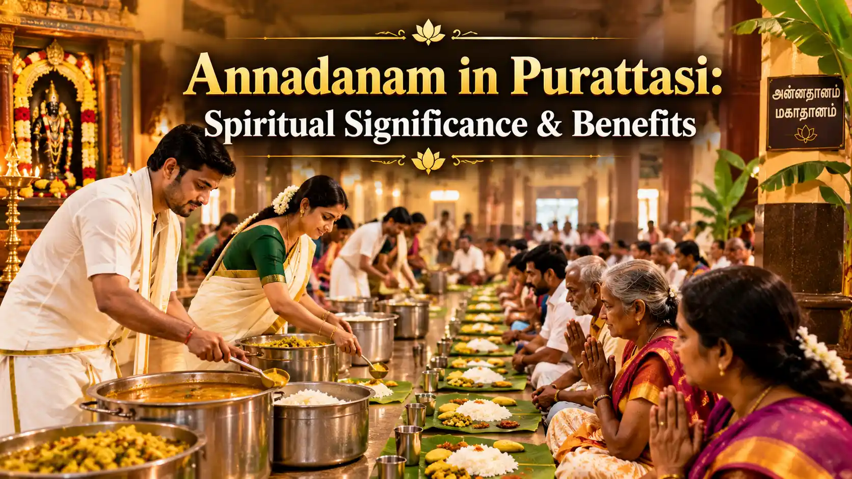 A traditional South Indian community hall setup where devotees and volunteers respectfully serve fresh rice, sambar, and traditional dishes on banana leaves.