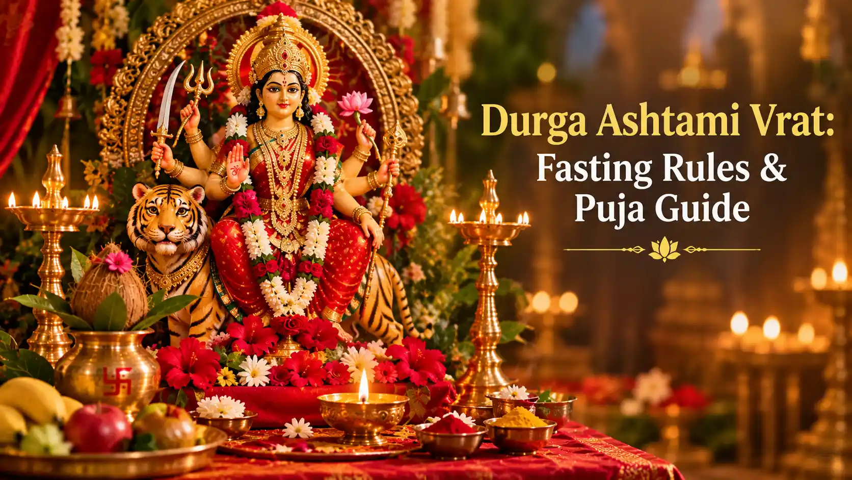 Goddess Durga worship altar with red flowers and a lit diya for Durga Ashtami Vrat.