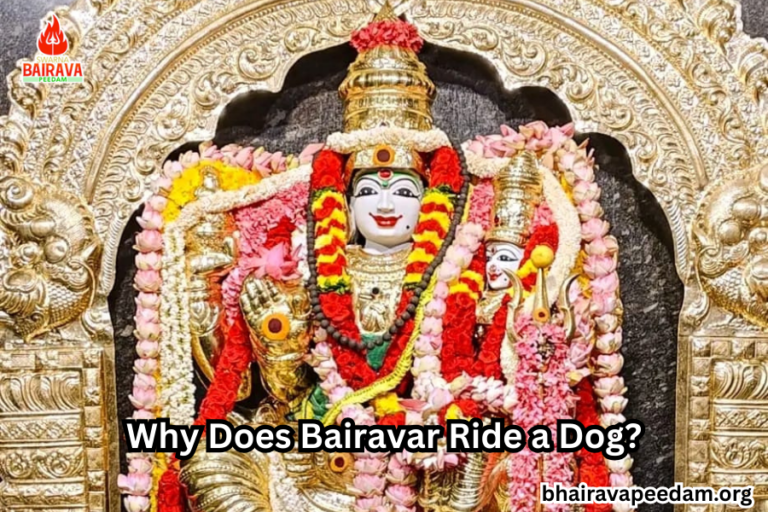 Lord Bhairavar, with divine ornaments, symbolizing why Bhairavar rides a dog and his role as protector of time and unseen energies